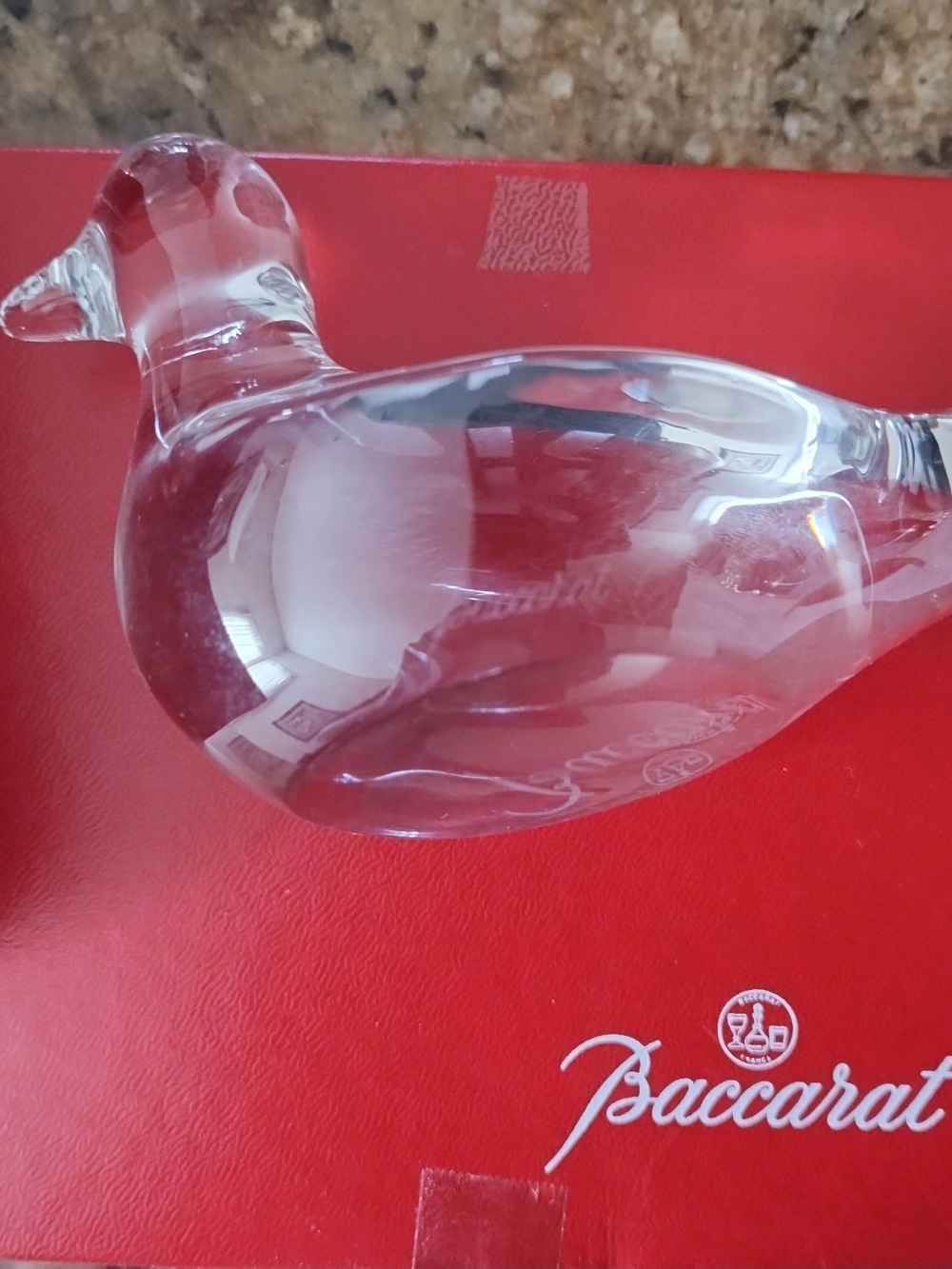 Baccarat Clear Crystal Duck Figurine on Red Presentation